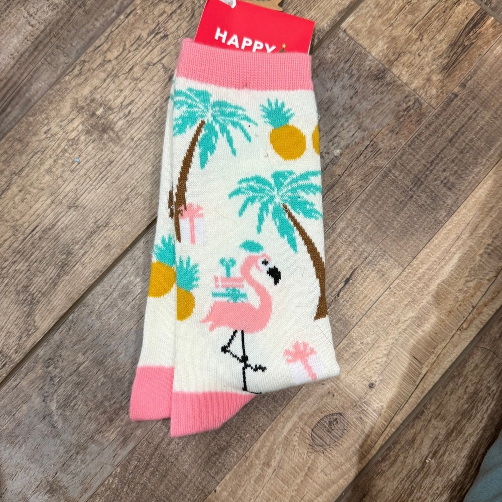 Holiday Novelty Socks Tropical Christmas Flamingo Palm Tree Crew Socks New